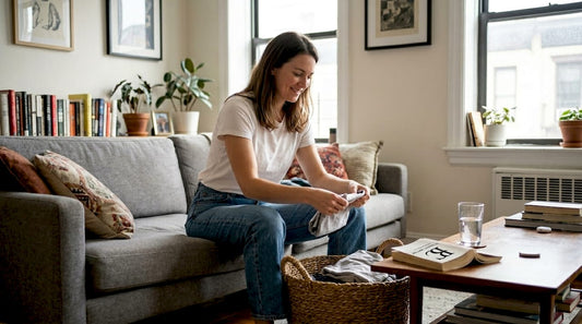 Woman folding laundry in relaxed blue jeans