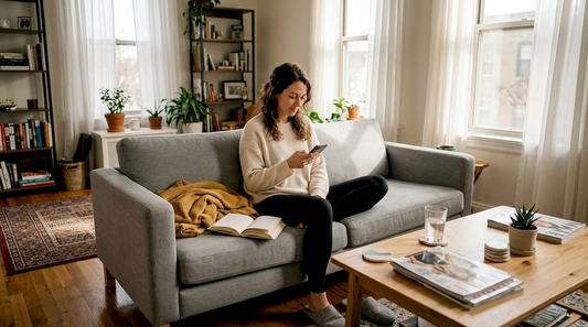 woman wearing leggings sitting on couch