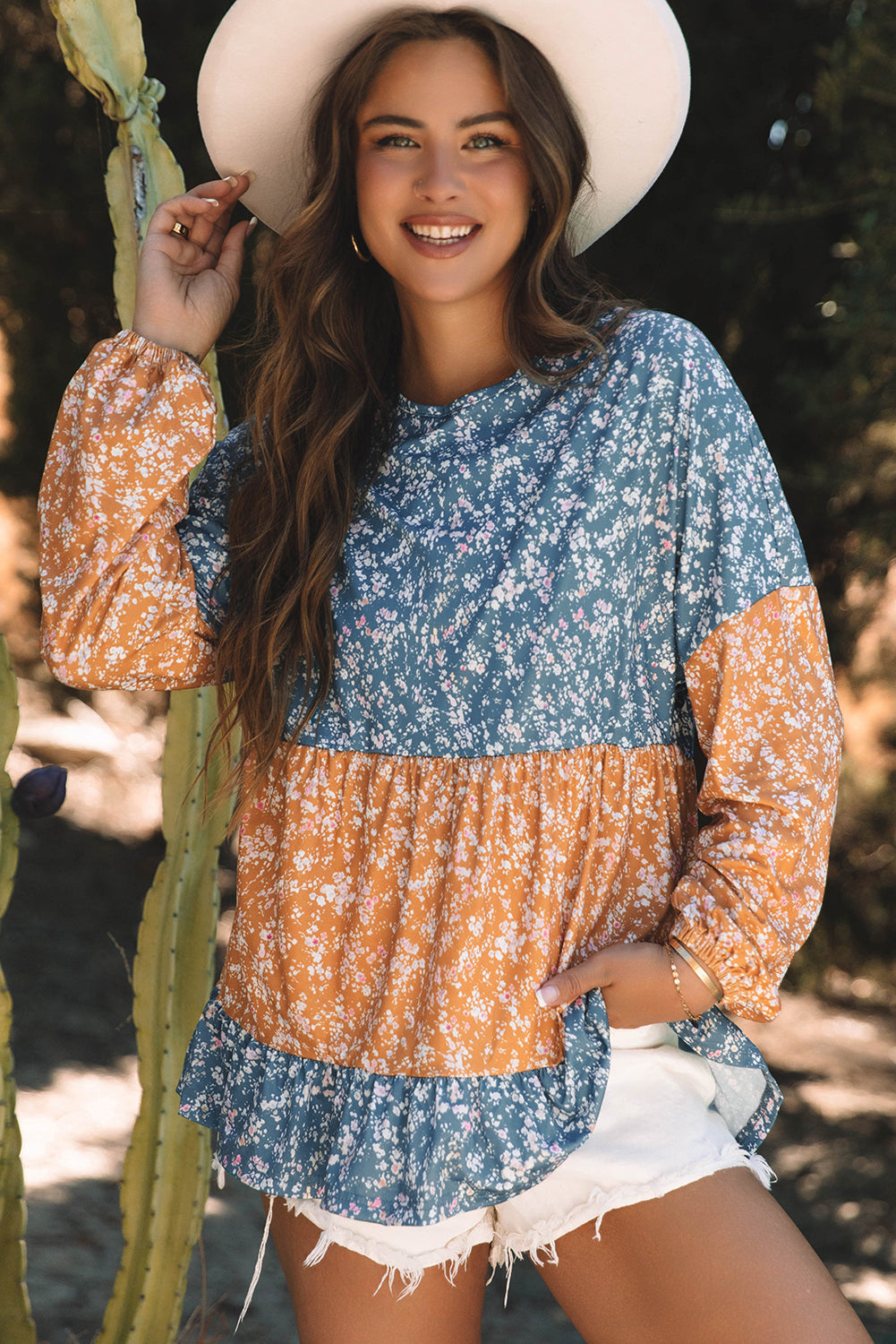Orange Floral Color Block Patchwork Ruffled Hem Round Neck Blouse Orange 95%Polyester+5%Elastane