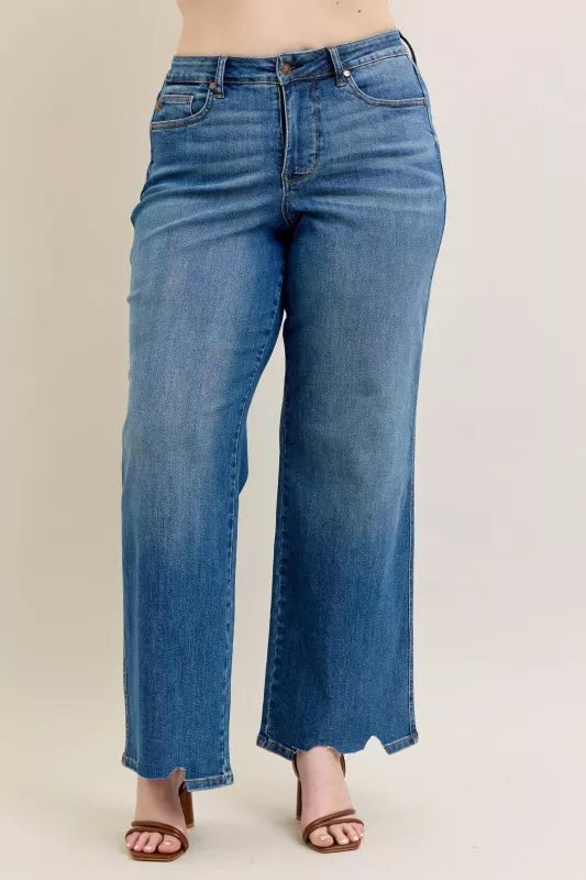 Judy Blue High Waist Tummy Control Chew Hem Destroy Wide Jeans 88932