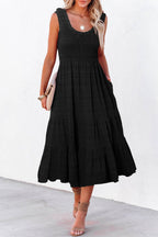 Apricot Shirred Pleated Square Neck Sleeveless Midi Dress