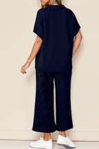 Black Stylish Textured Loose Fit T Shirt and Drawstring Pants Set