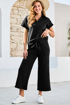 Black Stylish Textured Loose Fit T Shirt and Drawstring Pants Set