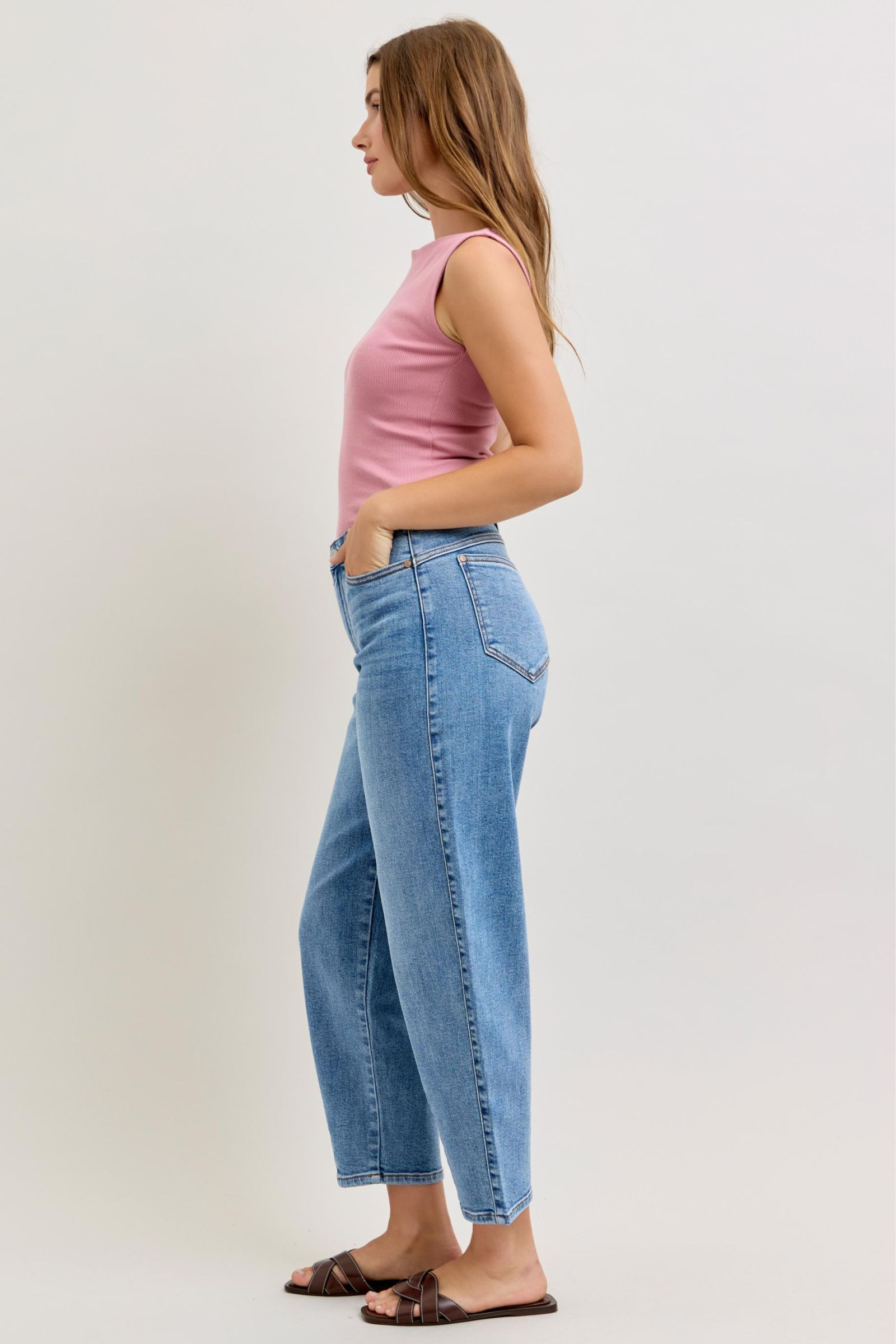 Judy Blue High Waist Front Darts Back Yoke Barrel Denim Jeans 82712