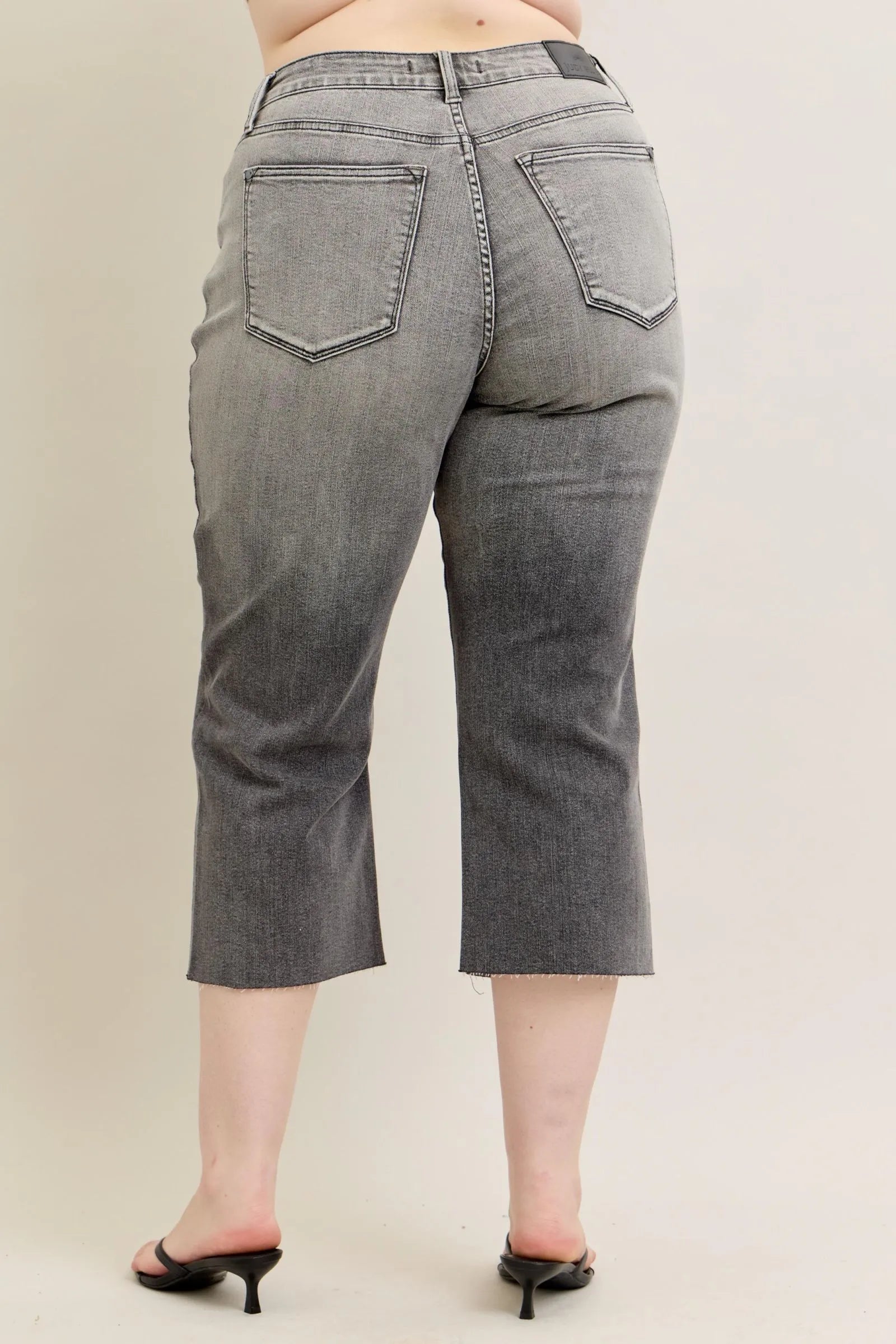 Judy Blue High Waist Vintage Grey Wash & Front Pocket Embroidery Crop Wide Leg Denim Jeans 88949
