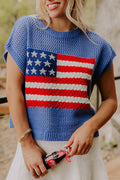 Sky Blue Flag Graphic Short Sleeve Sweater Top Sky Blue 100%Acrylic