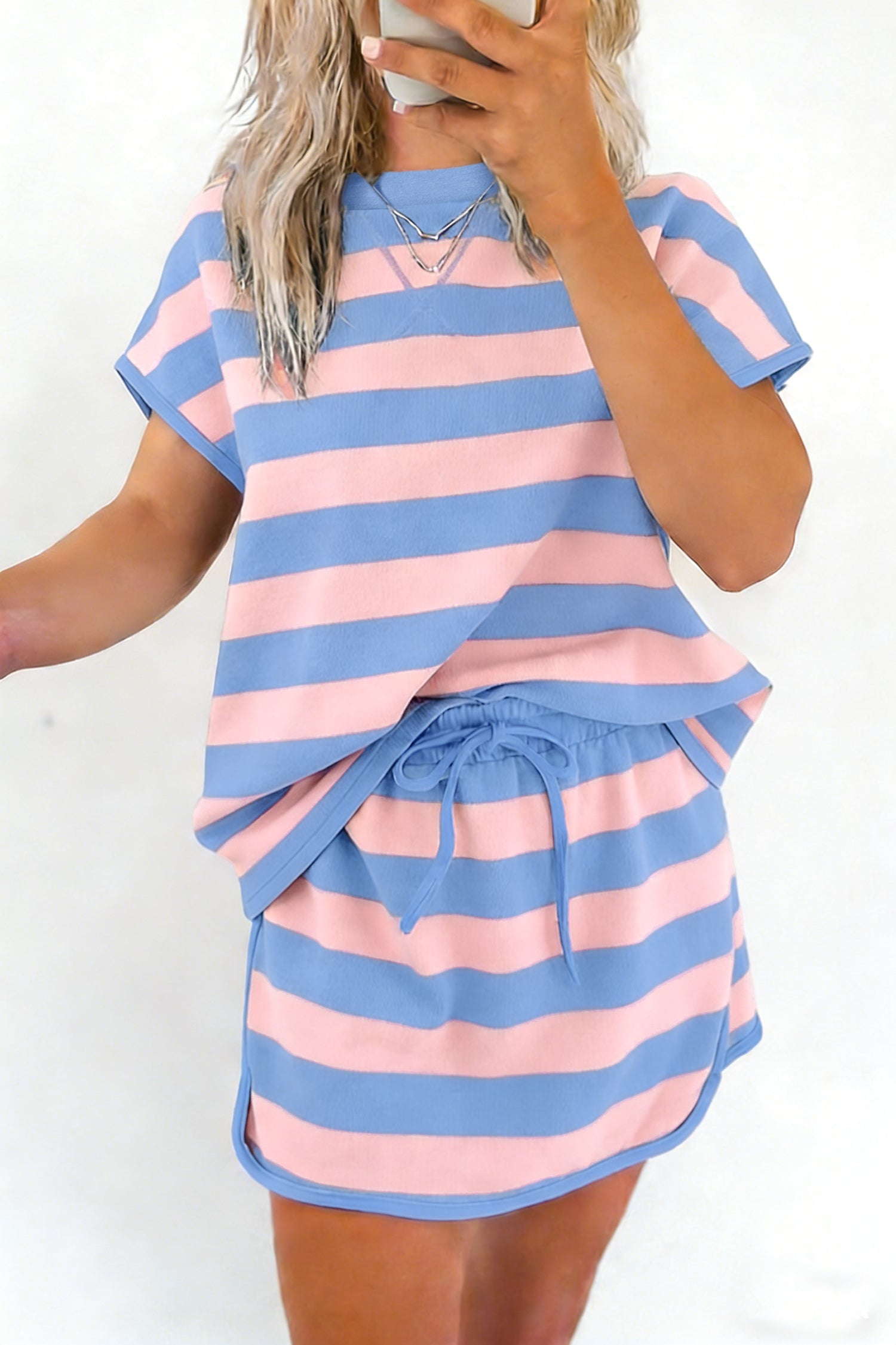 Rose Stripe Dolman Tee Drawstring Skort Athletic 2pcs Set