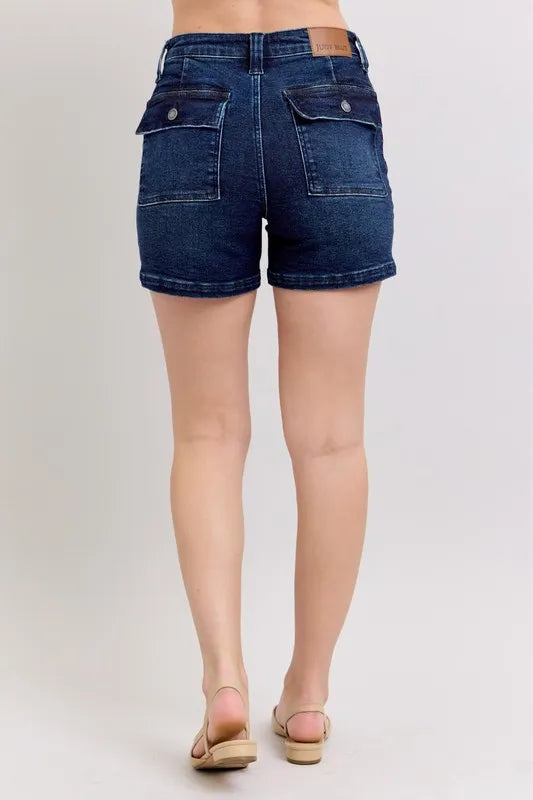 Judy Blue High Waist Back Flap Pocket Dark Wash Denim Shorts