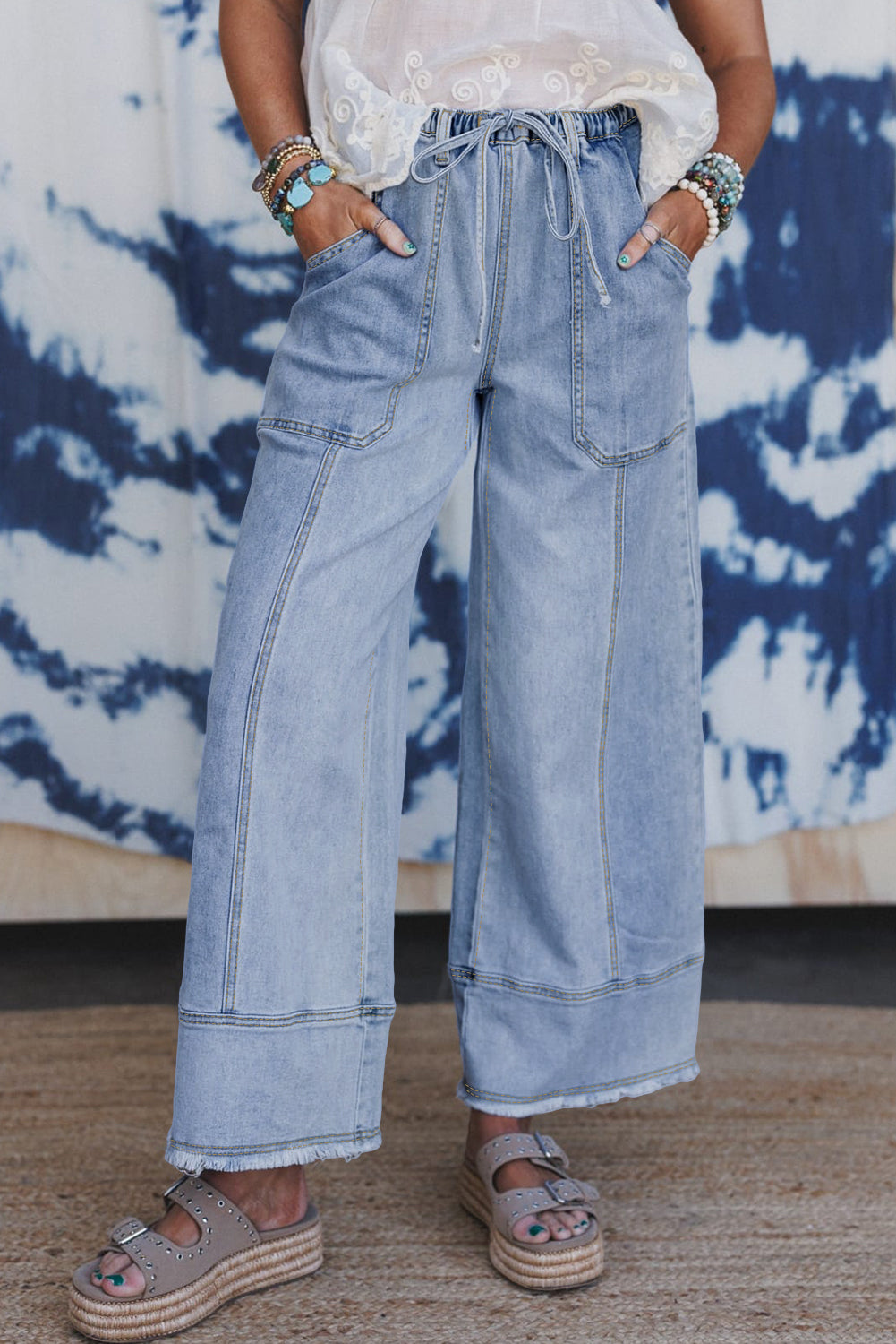 Gray Drawstring Seam Detail Raw Hem Wide Leg Jeans Beau Blue 75%Cotton+23%Polyester+2%Elastane