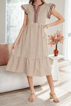 Black Stripe Double Ruffled Short Sleeve Contrast Trim V Neck Midi Dress