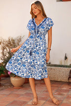 Green Abstract Print Embroidered Trim V Neck Drawstring High Waist Loose Vacation Dress