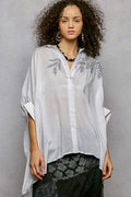 POL Button Down Embroidered Floral High-Low Hem Shirt IVORY