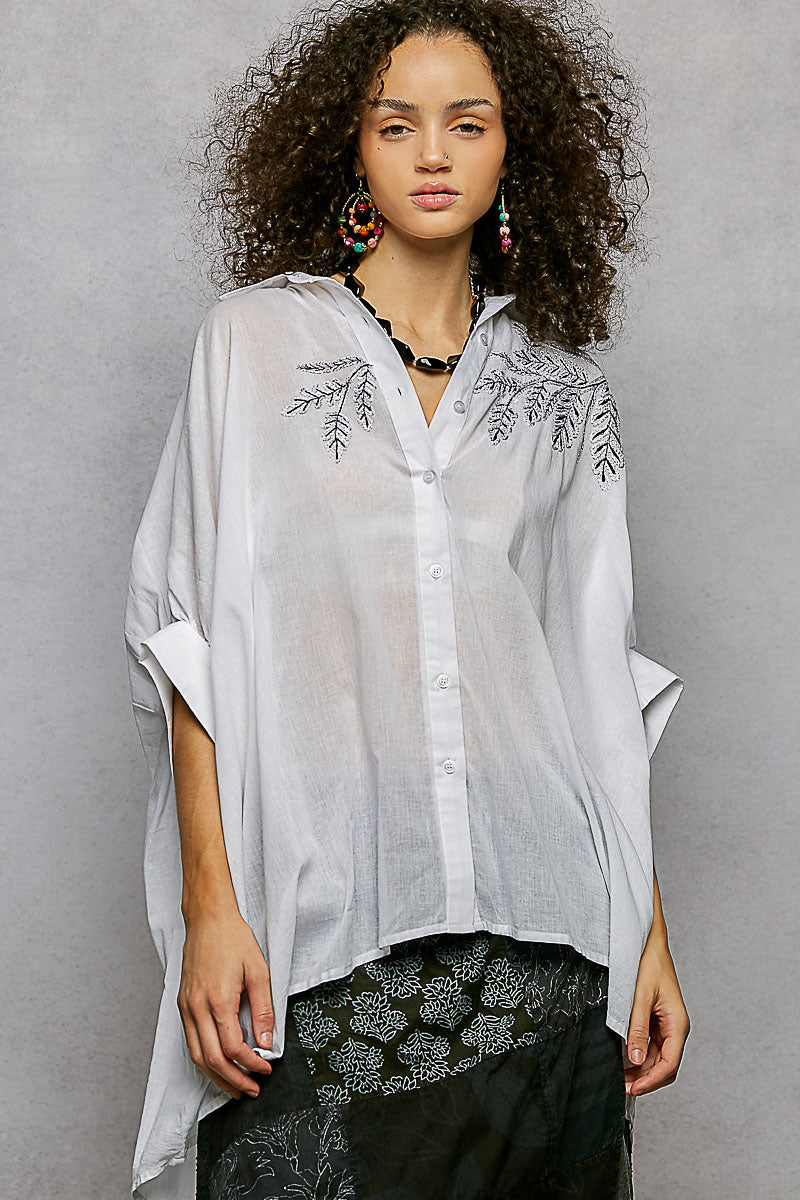 POL Button Down Embroidered Floral High-Low Hem Shirt IVORY