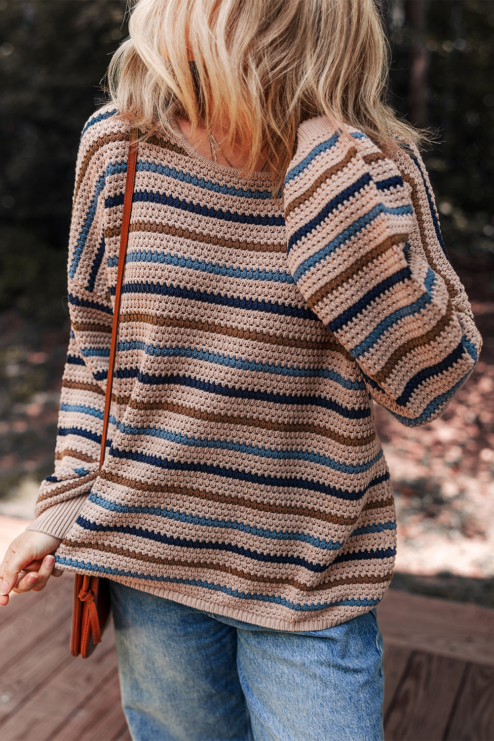Multicolour Striped Knitted Drop Shoulder Round Neck Sweater Multicolour 55%Acrylic+45%Cotton