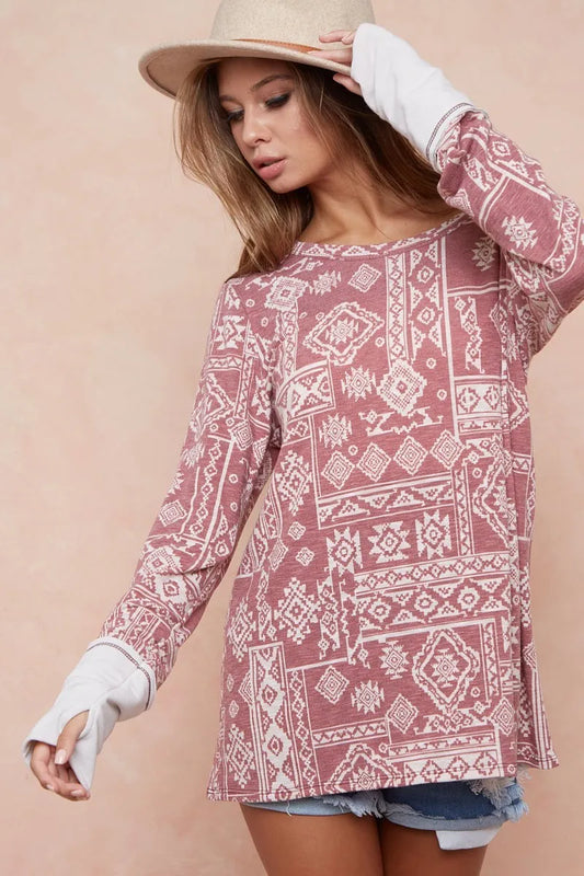 BiBi Aztec Print French Terry Top with Thumb Opening BURGUNDY COMBO