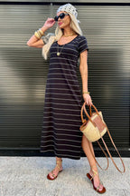 Black Stripe Casual Short Sleeve Side Slit Maxi T Shirt Dress
