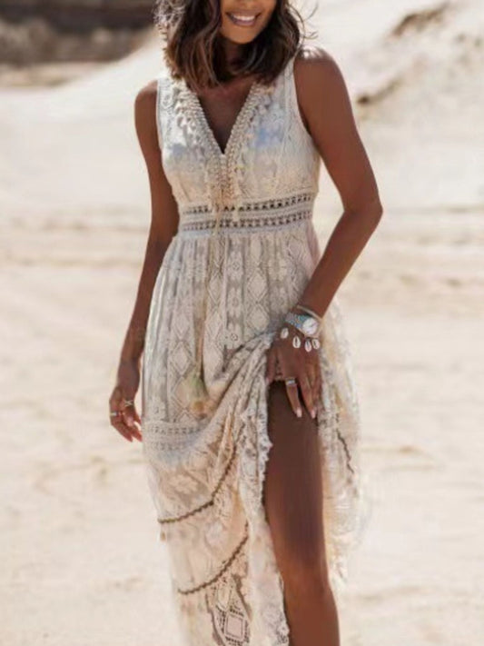Lace V-Neck Sleeveless Maxi Dress Apricot