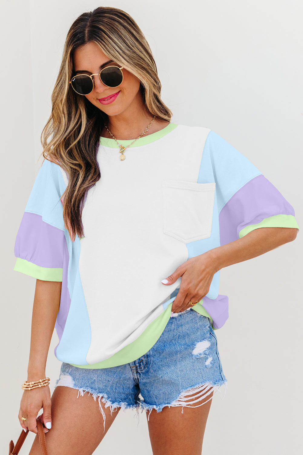 Purple Color Block Patchwork Half Sleeve Oversized T Shirt White 62%Polyester+32%Cotton+6%Elastane