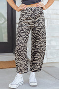 Gray Zebra Stripe Printed Wide Leg Barrel Jeans Gray 56.7%Polyester+40.9%Cotton+2.4%Elastane