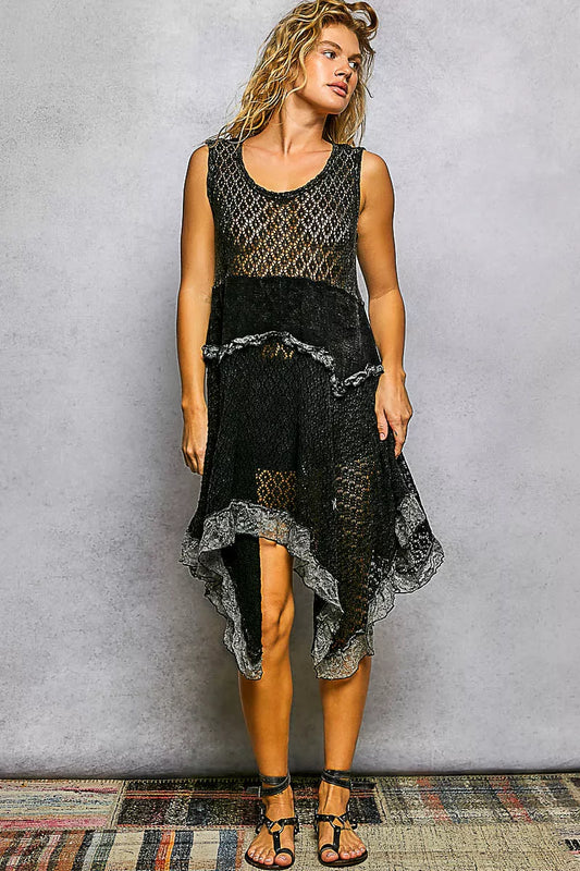 POL Texture Lace Ruffled Sleeveless Dress BLACK