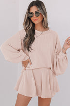 Jet Stream Corded Lantern Sleeve Top High Waist Ruffled Mini Skort Set Jet Stream 75%Polyester+20%Viscose+5%Elastane