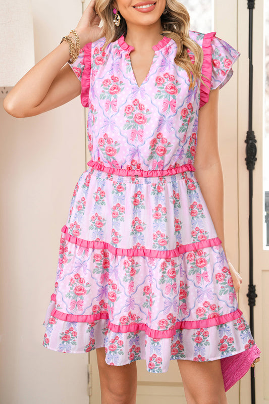 Purple Tiered Ruffles Sleeveless Summer Floral Dress Purple 100%Polyester