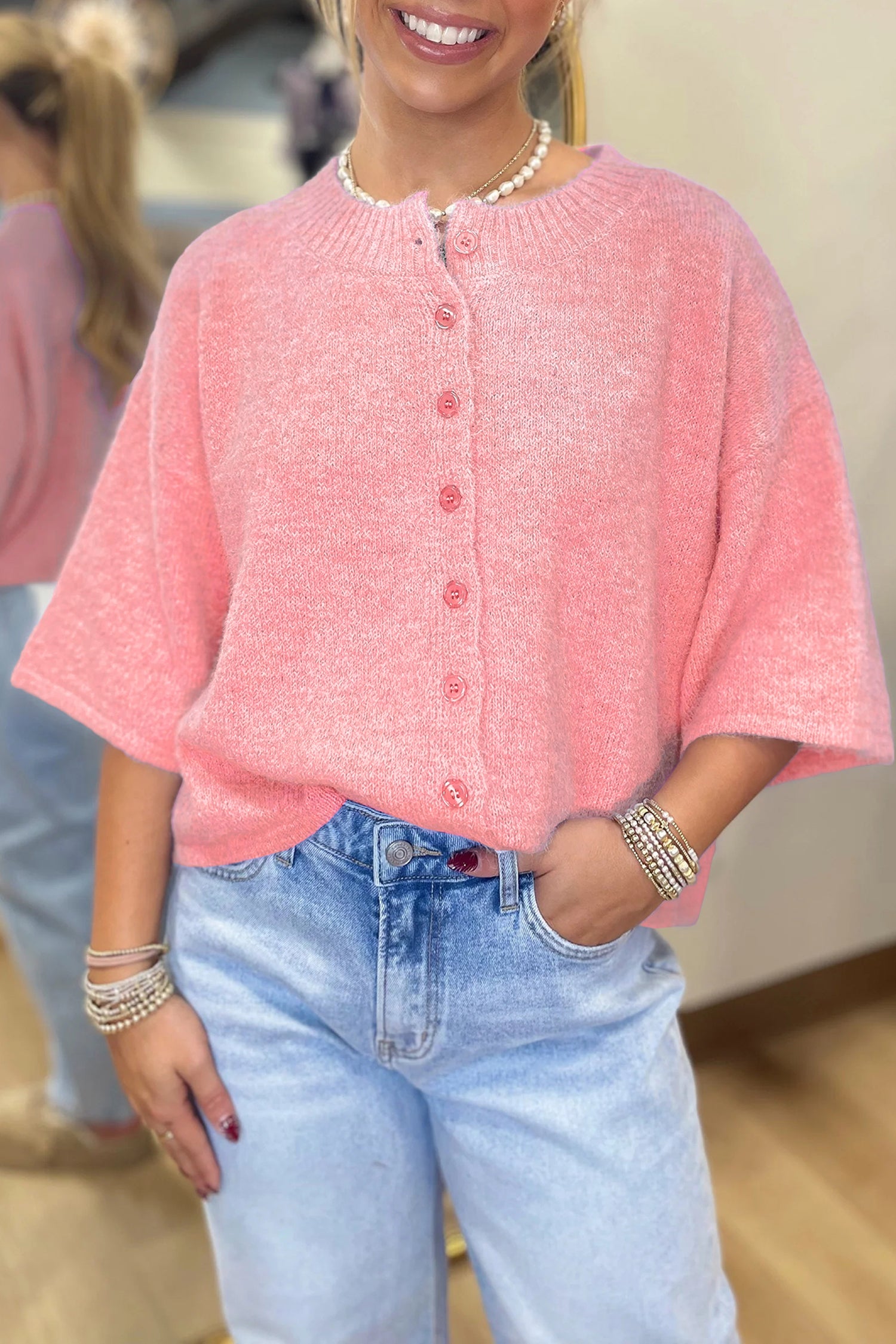 Beau Blue 3/4 Sleeve Boxy Knit Button Down Sweater Cardigan Peach Blossom 42%Acrylic+30%Polyester+28%Polyamide