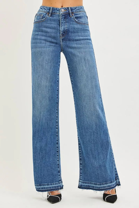 RISEN High Rise Wide Leg Jeans With Released Hem MEDIUM