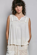 POL Lace Detail Floral Double Gauze Patch Sleeveless Top NATURAL