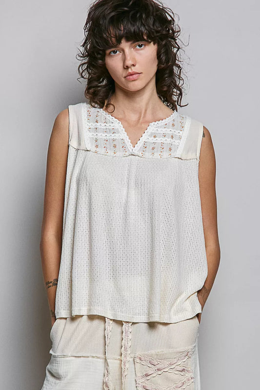 POL Lace Detail Floral Double Gauze Patch Sleeveless Top NATURAL