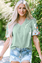 Clearly Aqua Floral Embroidered Puff Sleeve Split Neck Blouse Clearly Aqua 58%Viscose+37%Polyester+5%Polyamide
