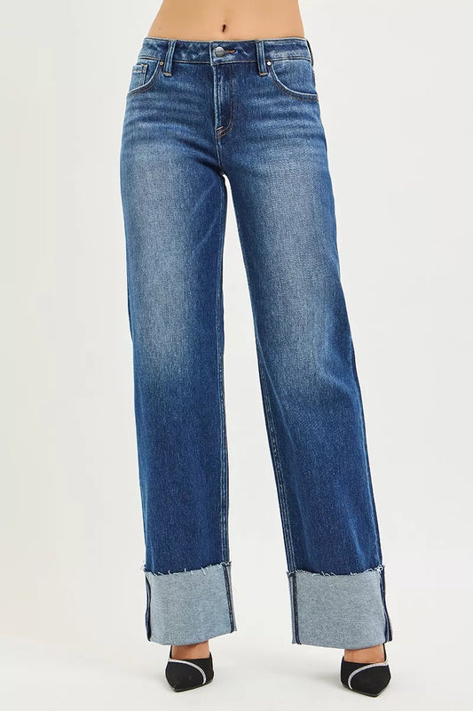 RISEN Mid Rise Wide Straight Jeans With Wide Cuff DARK