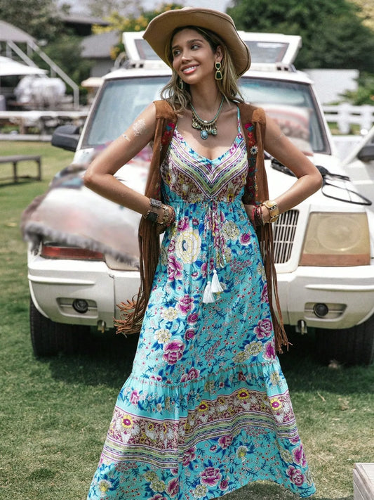 Tassel Floral Print Tiered Cami Dress Pastel Blue