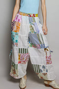 POL Printed Patchwork Wide Leg Pants with Adjustable Side Drawstring IVORY MULTI