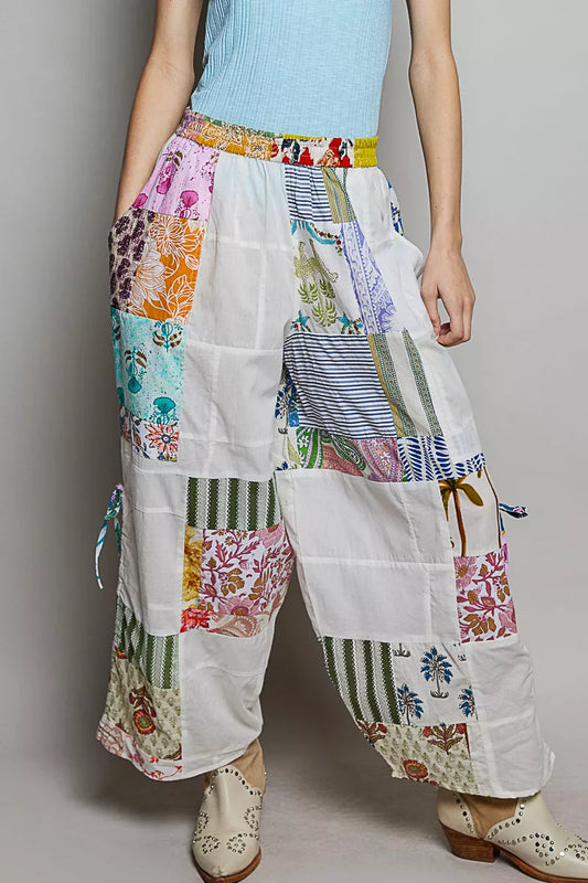 POL Printed Patchwork Wide Leg Pants with Adjustable Side Drawstring IVORY MULTI