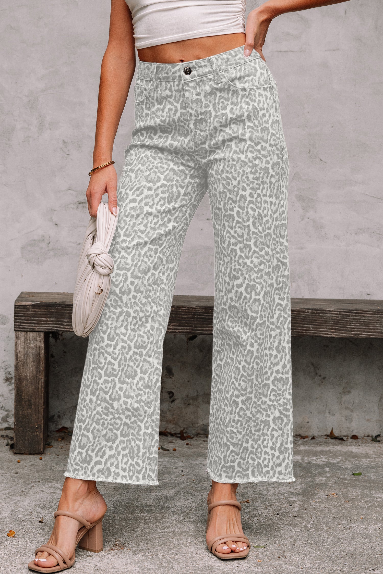 Brown Leopard Frayed Edge Wide Leg High Waist Jeans Gray 65%Cotton+33%Polyester+2%Elastane