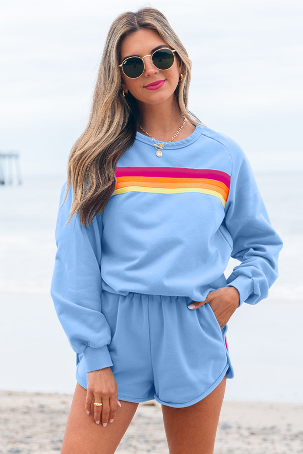 Beau Blue Accent Pullover and Shorts Two Piece Casual Set Beau Blue 50%Polyester+50%Cotton