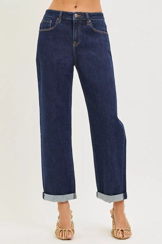 RISEN Slouchy Cropped Boyfriend Jeans With Cuffed Hem SOLID DARK