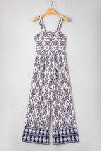 Blue Boho Geometric Print Smocked High Waist Wide Leg Jumpsuit