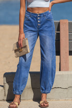 Blue 4 Buttons Front Tapered Casual Loose Fit Jeans Blue 65%Cotton+33%Polyester+2%Elastane