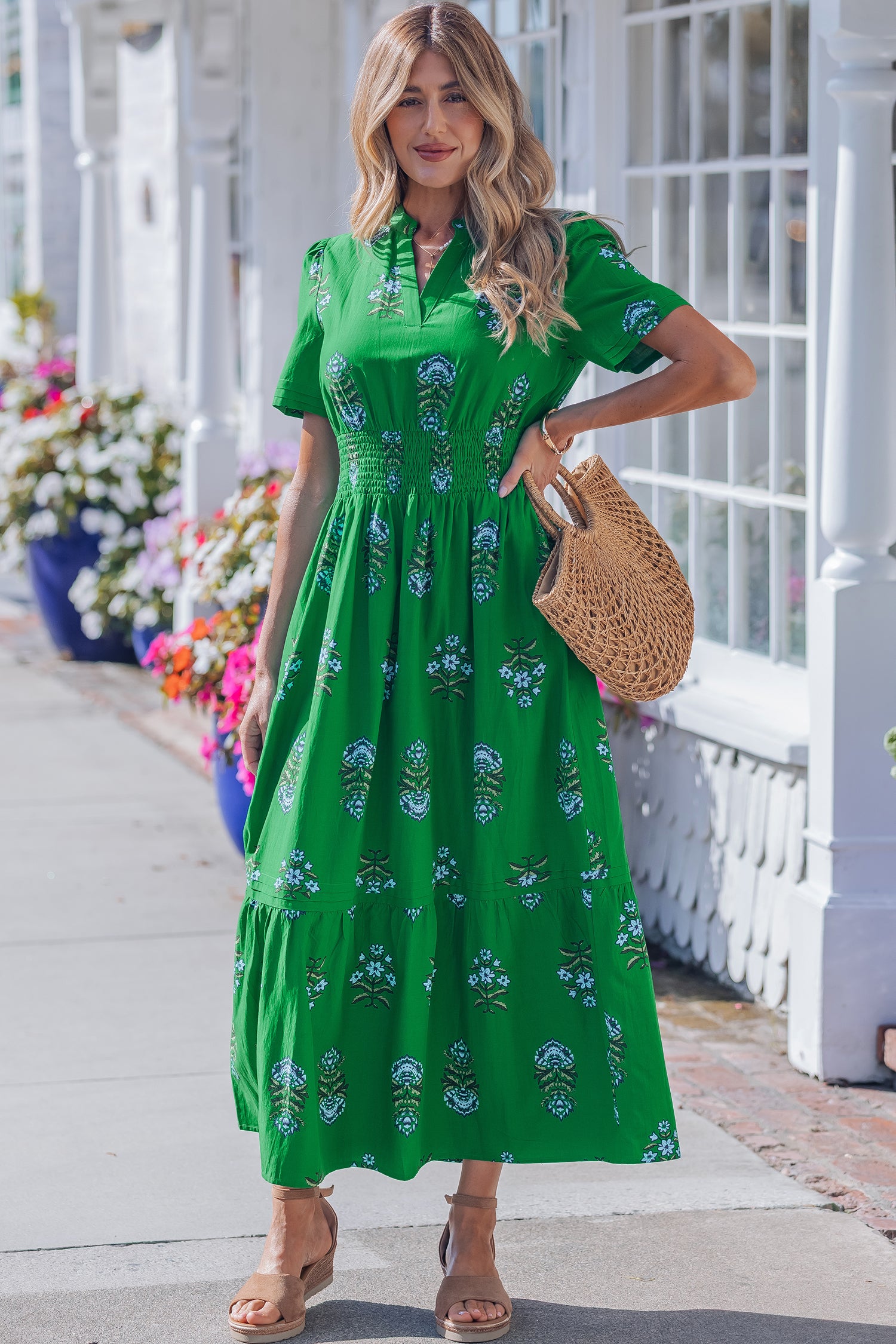 White Floral Print Split Neck Shirred High Waist Ruffle Hem Maxi Dress Green 55%Cotton+45%Viscose