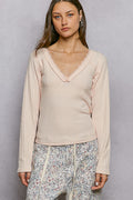 POL V-Neck Long Sleeve Ribbed Top with Lace-Accent Neckband BLUSH