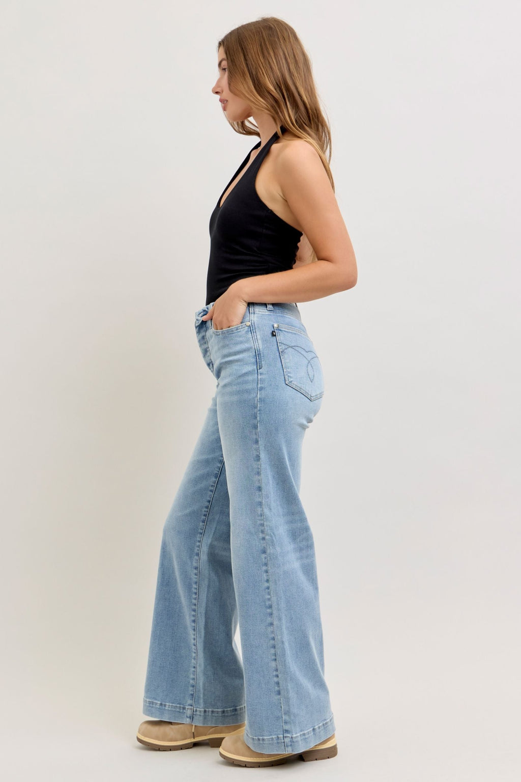 Judy Blue Mid Rise Retro Fold-over Waistband Wide Leg Denim Jeans 881104