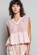POL Floral Patch Ruffled Sleeveless Top with Raw Edge Detail POWDER PINK