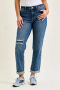 Judy Blue Mid Rise Embroidered Repair Patch Boyfriend Denim Jeans 881071 MD