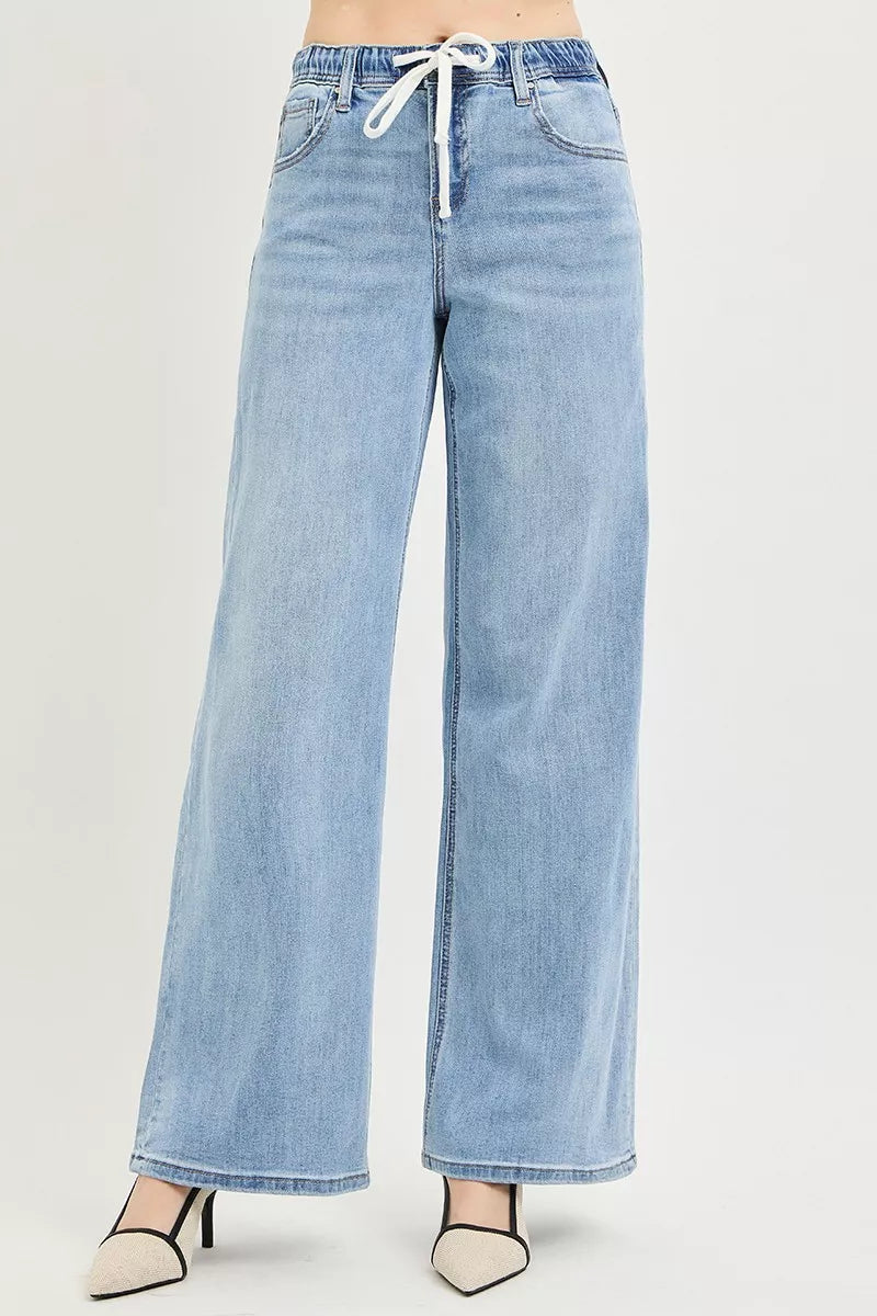 RISEN Elastic Band Slouchy Wide Jeans with Drawstring Light