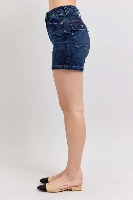 Judy Blue High Waist Back Flap Pocket Dark Wash Denim Shorts