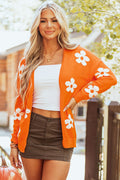 Orange Floral Print Knitted Open Front Loose Cardigan Orange 55%Acrylic+45%Cotton