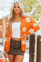 Orange Floral Print Knitted Open Front Loose Cardigan Orange 55%Acrylic+45%Cotton