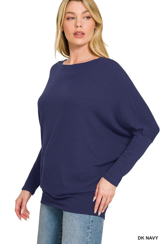 Zenana Hacci Dolman Sleeve Boat Neck Top DK NAVY